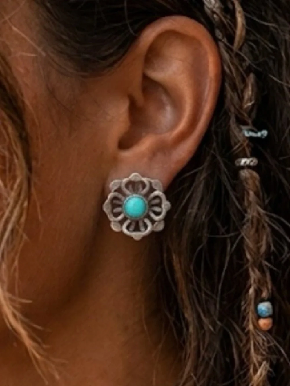 Vintage Mexican Sterling Silver Turquoise Flower Screw Back Earrings 1 inch